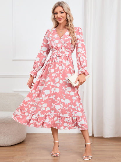 Floral Surplice Flounce Sleeve Ruffle Hem Dress-Angel Casuals