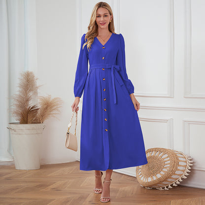 V-Neck Button Up Tie Front Long Sleeve Dress-Angel Casuals