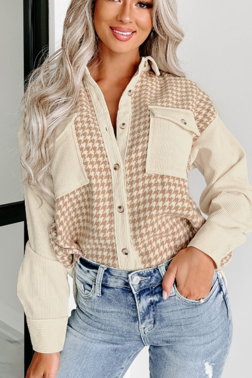 Houndstooth Button Up Long Sleeve Jacket-Angel Casuals
