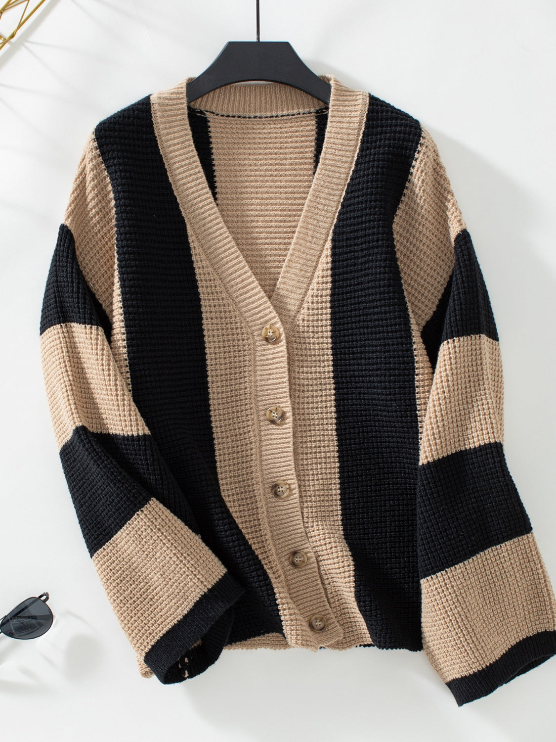 Waffle-Knit V-Neck Striped Long Sleeve Cardigan-Angel Casuals