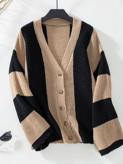 Waffle-Knit V-Neck Striped Long Sleeve Cardigan-Angel Casuals