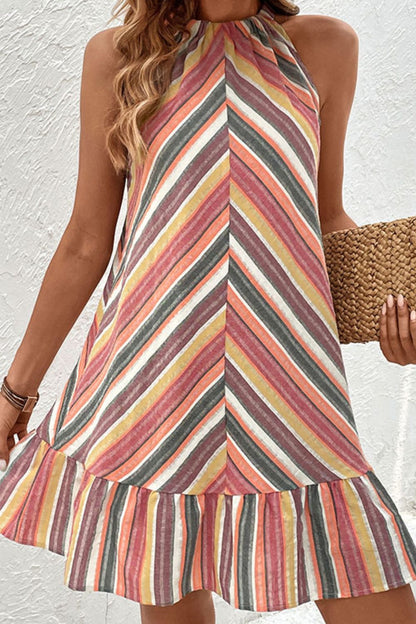 Striped Round Neck Sleeveless Mini Dress-Angel Casuals