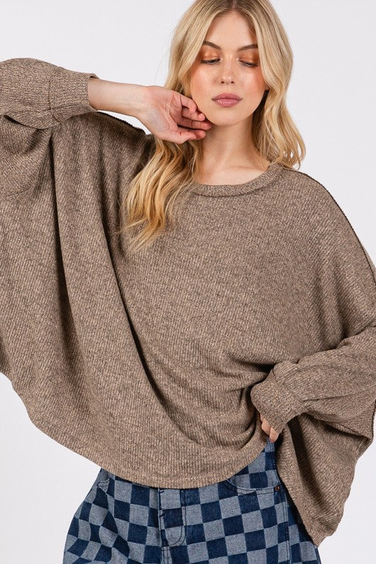 SAGE + FIG Round Neck Batwing Sleeve Oversize Top-Angel Casuals