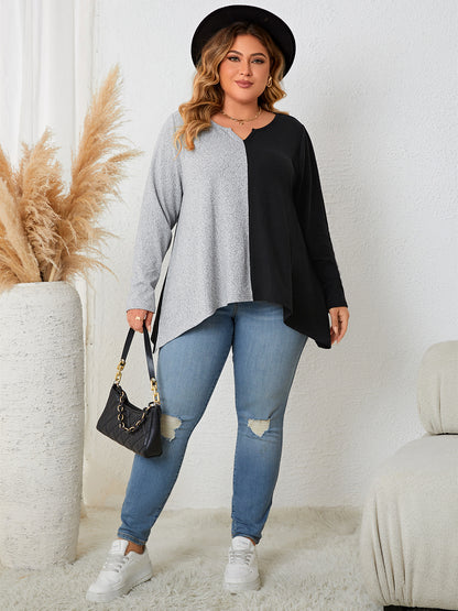 Plus Size Contrast Notched Neck T-Shirt-Angel Casuals