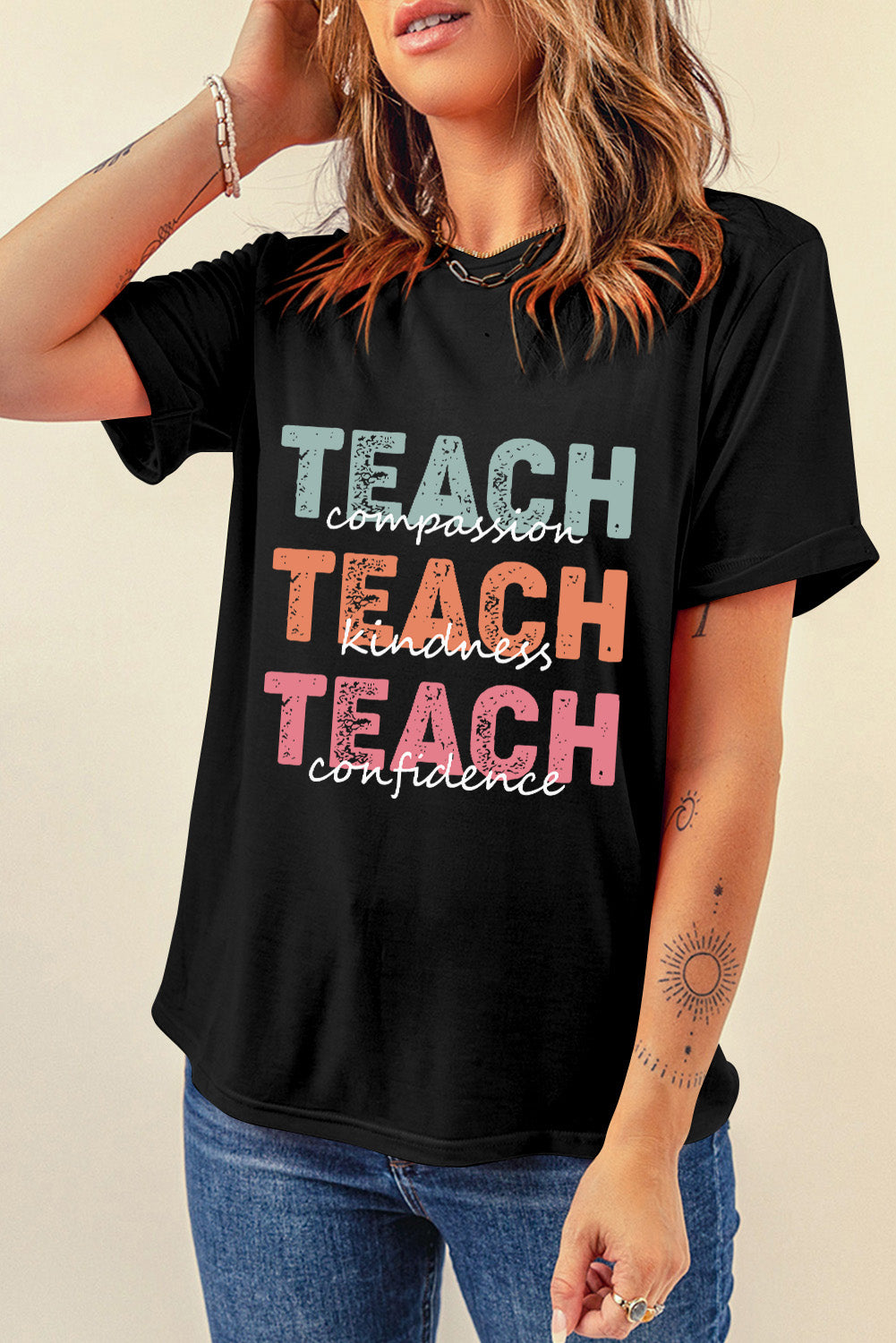 Letter Graphic Round Neck Short Sleeve T-Shirt-Angel Casuals