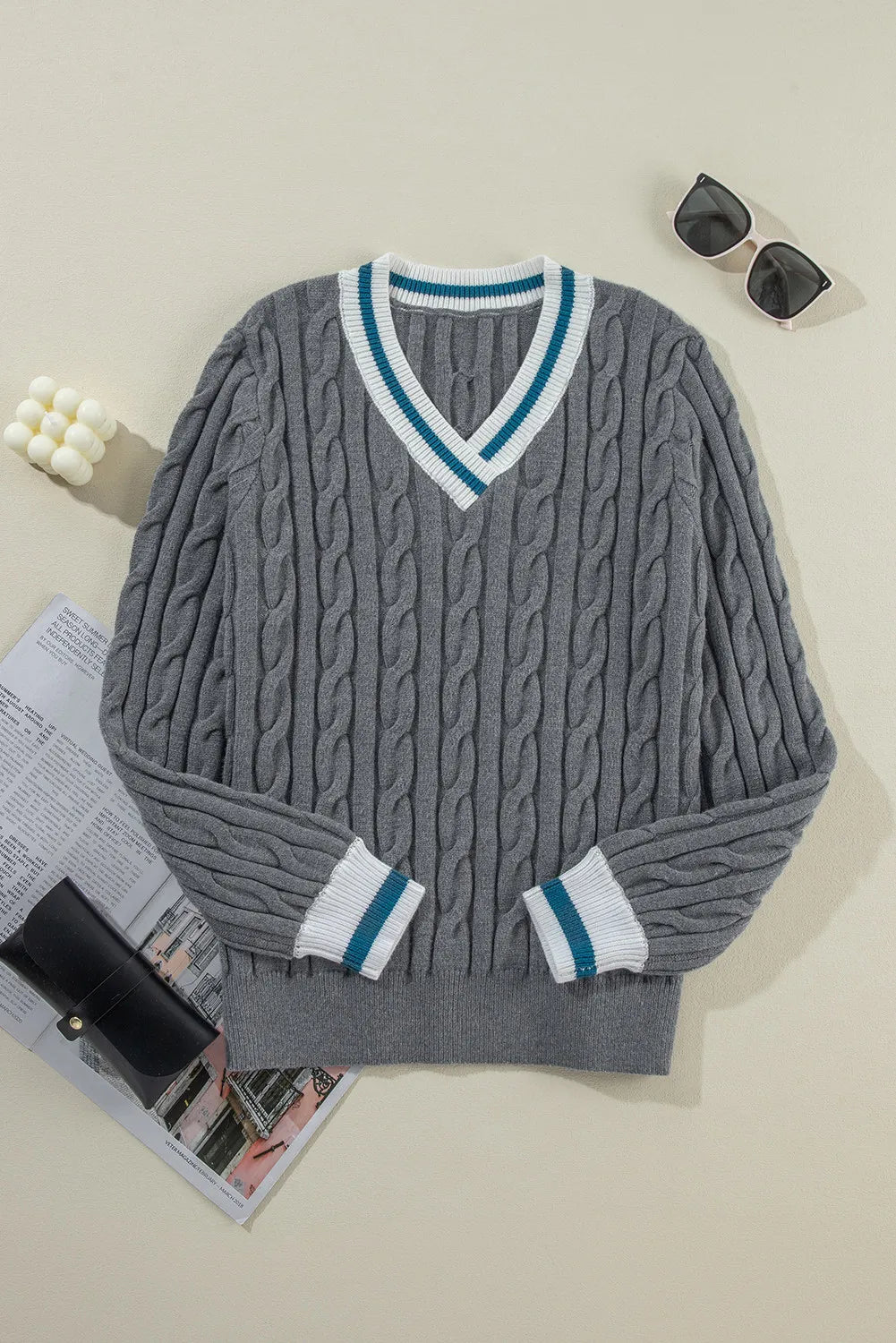 Cable-Knit V-Neck Long Sleeve Sweater-Angel Casuals