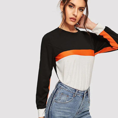 Color Block Round Neck Long Sleeve Tee-Angel Casuals