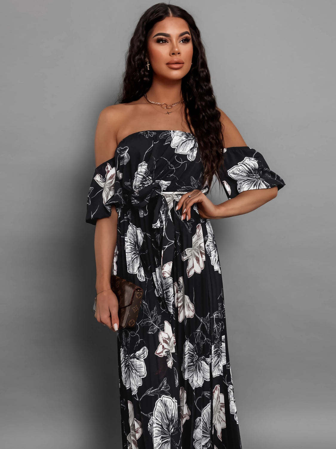 Pleated Floral Off-Shoulder Short Sleeve Midi Dress-Angel Casuals