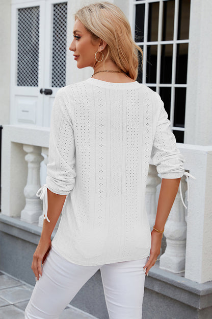 Eyelet Drawstring V-Neck Half Sleeve T-Shirt-Angel Casuals