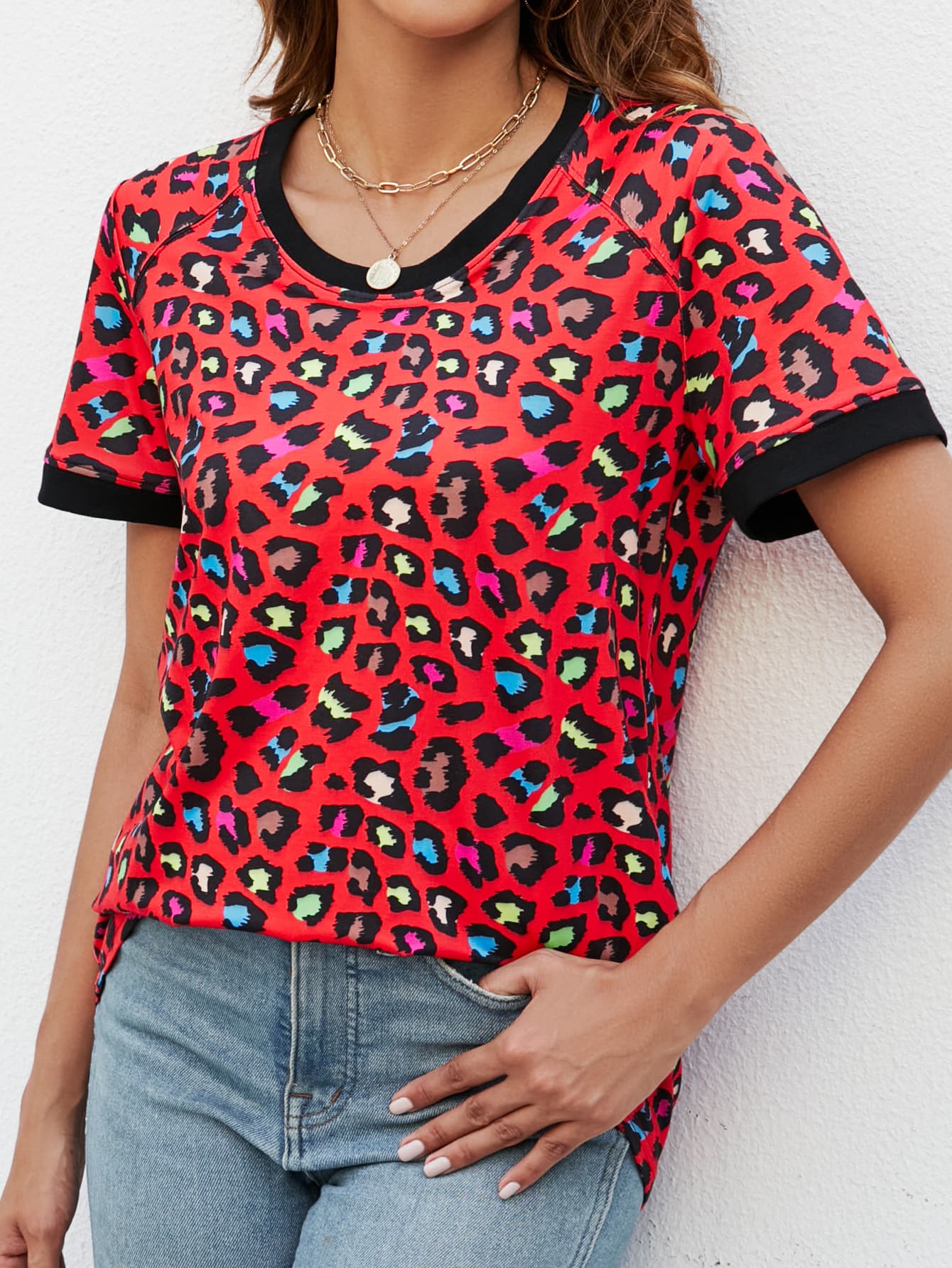 Leopard Round Neck Short Sleeve Tee Shirt-Angel Casuals