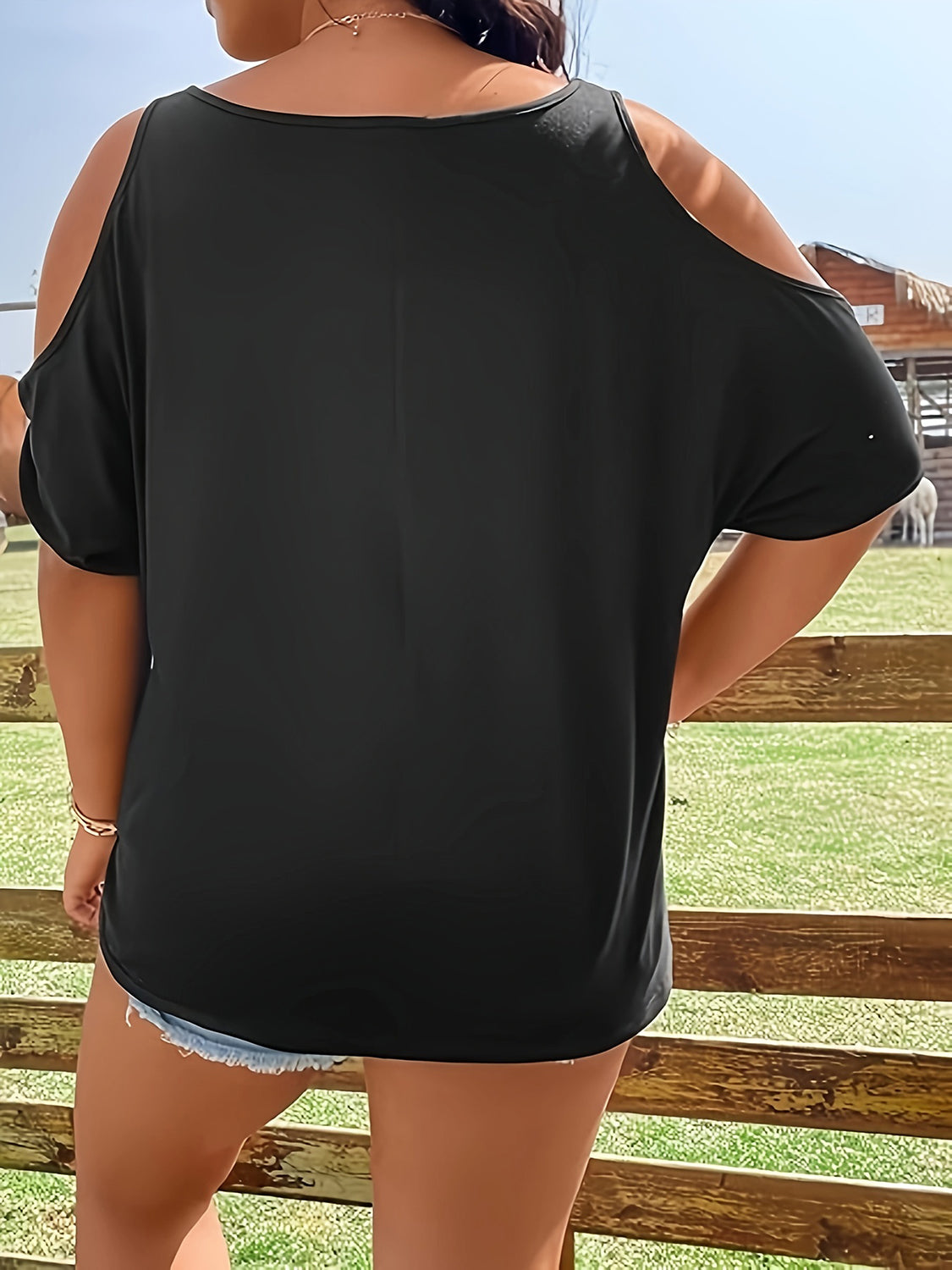 Plus Size Skeleton Graphic Round Neck Cold Shoulder T-Shirt-Angel Casuals