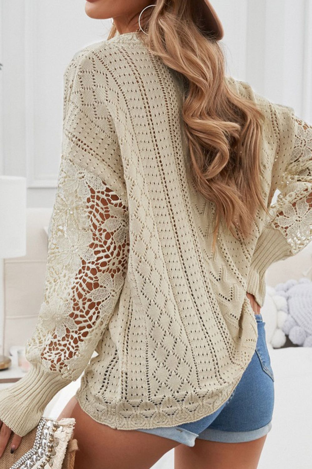 Openwork Round Neck Long Sleeve Sweater-Angel Casuals