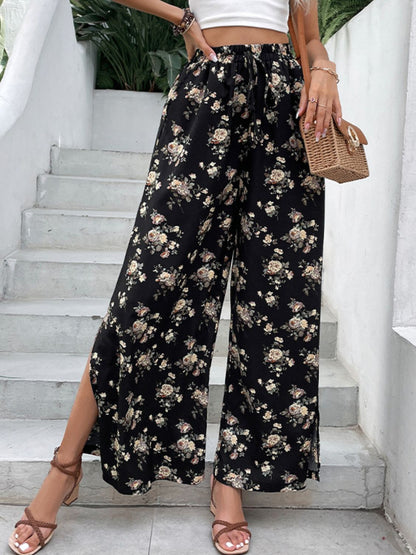 Floral Side Slit Wide Leg Pants-Angel Casuals