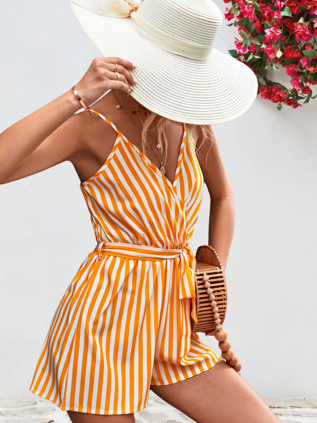 Striped Tie Waist Spaghetti Strap Romper-Angel Casuals