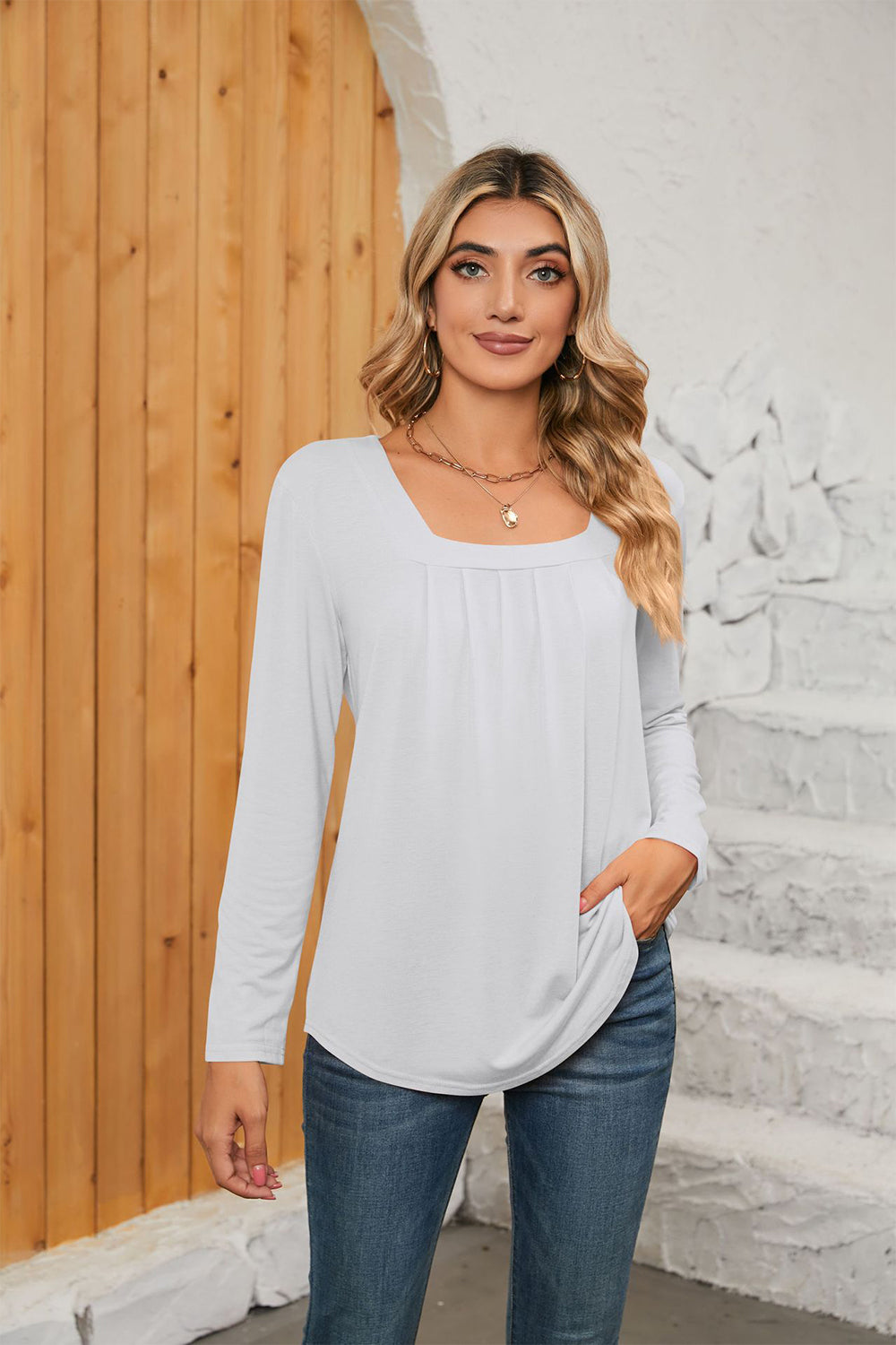 Square Neck Long Sleeve T-Shirt-Angel Casuals