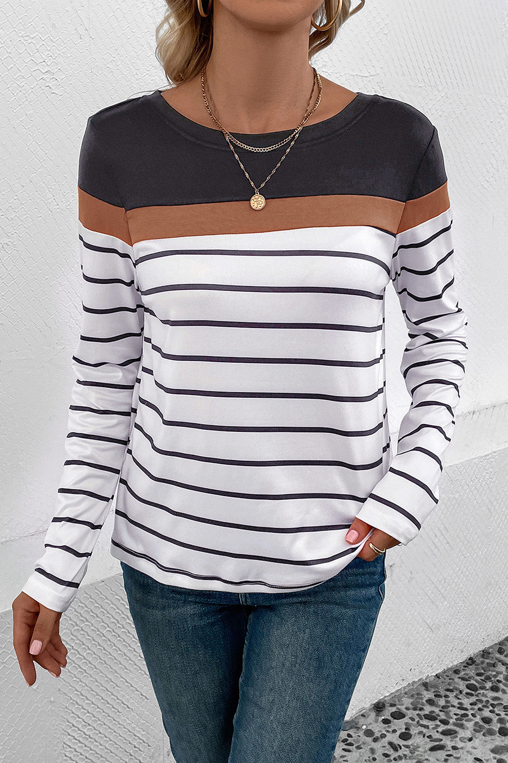 Striped Round Neck Long Sleeve T-Shirt-Angel Casuals