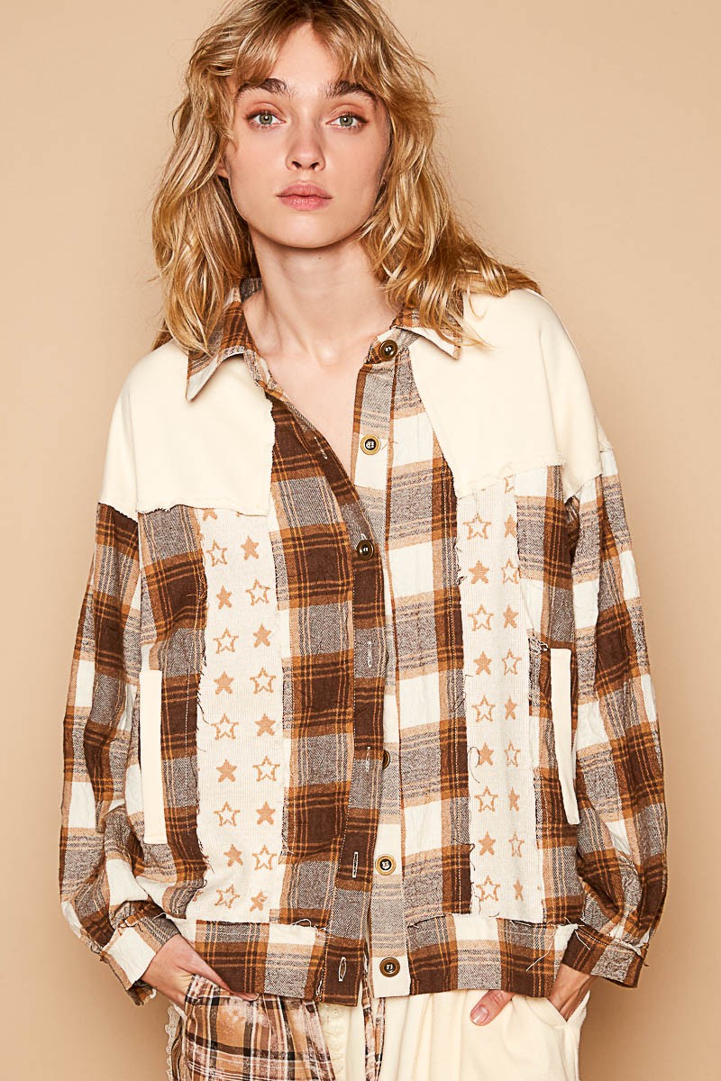 POL Plaid & Star Patchwork Contrast Long Sleeve Shacket-Angel Casuals