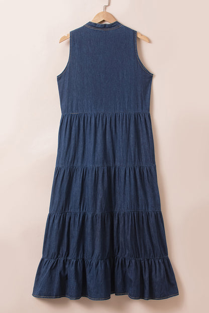 Tie Neck Sleeveless Denim Dress-Angel Casuals