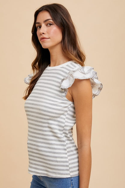 Annie Wear Ruffled Striped Round Neck Cap Sleeve Knit Top-Angel Casuals