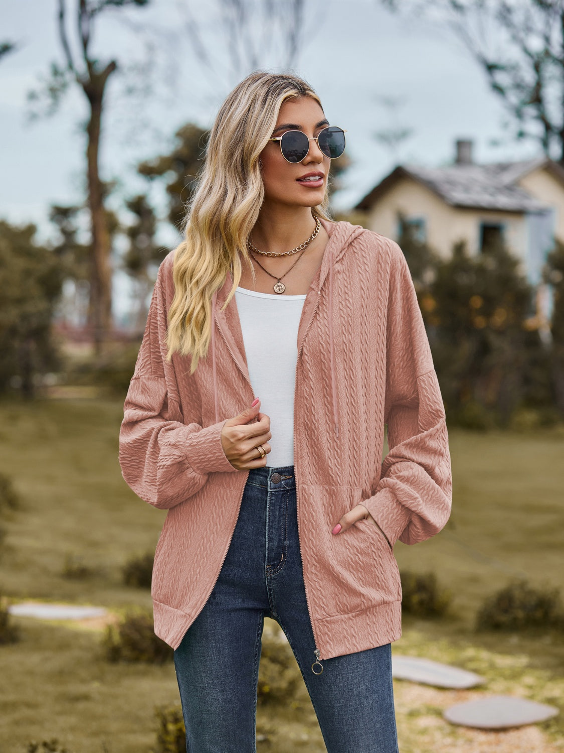 Zip Up Drawstring Long Sleeve Hooded Jacket-Angel Casuals