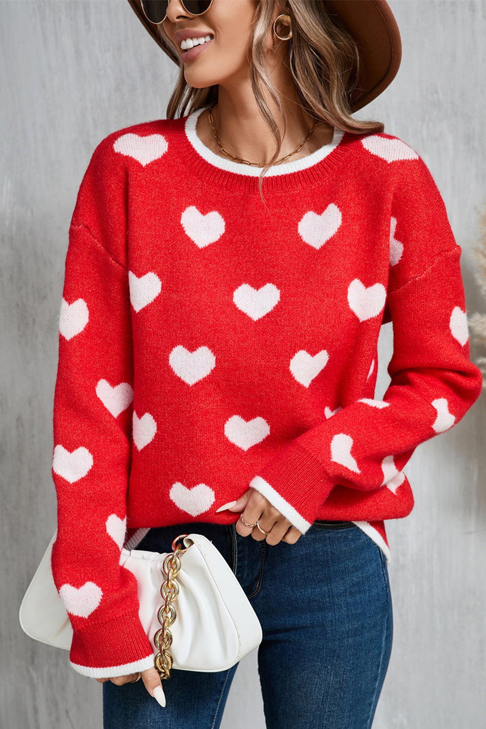 Angel Wings Contrast Trim Heart Round Neck Sweater-Angel Casuals