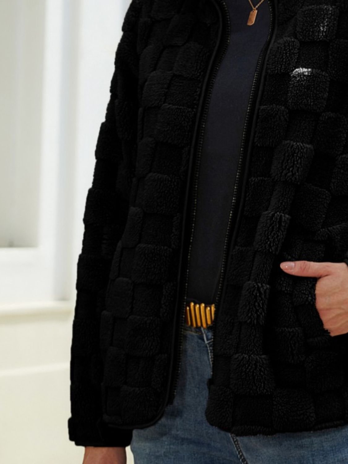 Fuzzy Checkered Zip Up Jacket-Angel Casuals