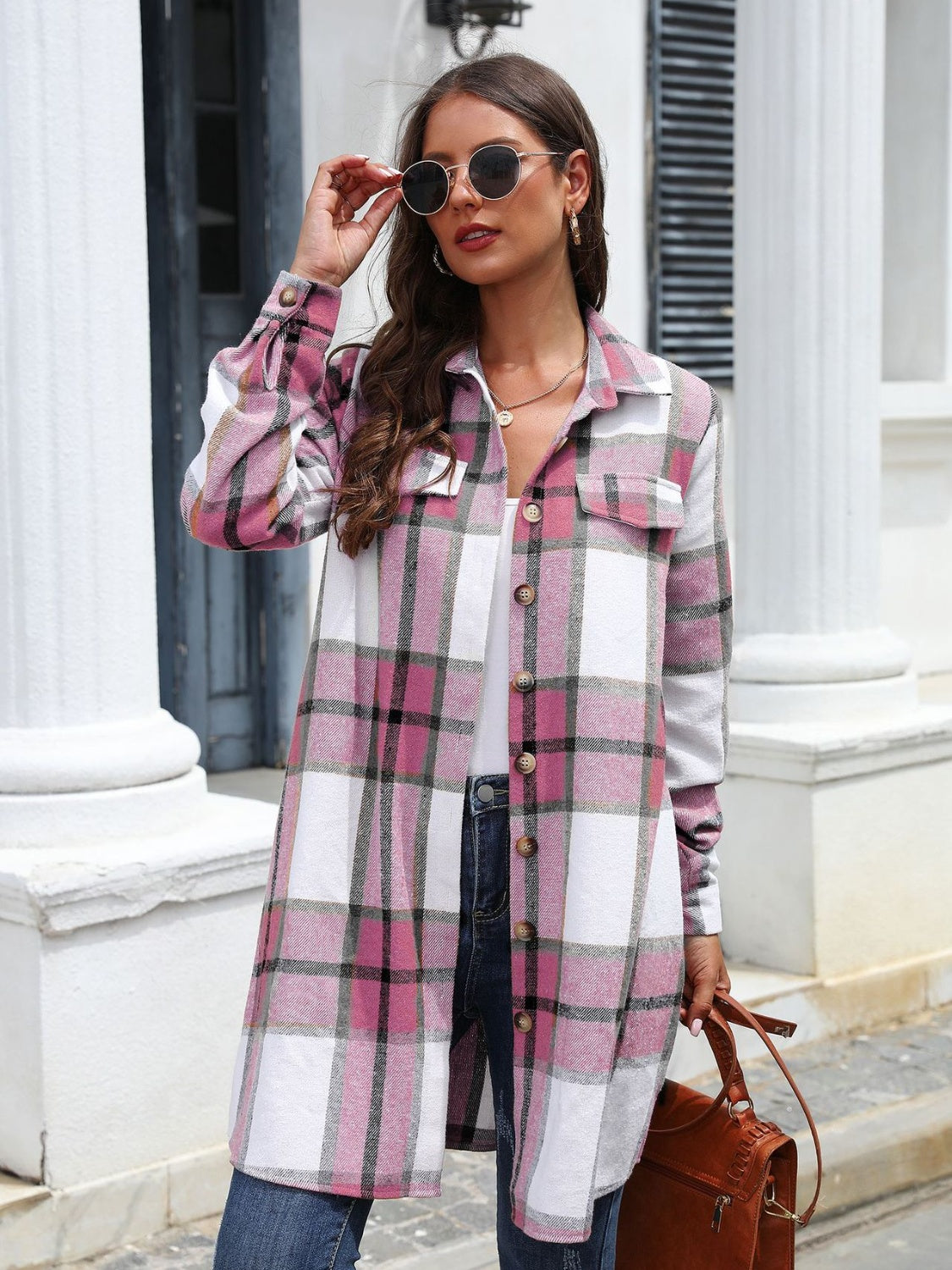 Plaid Belted Collared Neck Button Up Jacket-Angel Casuals