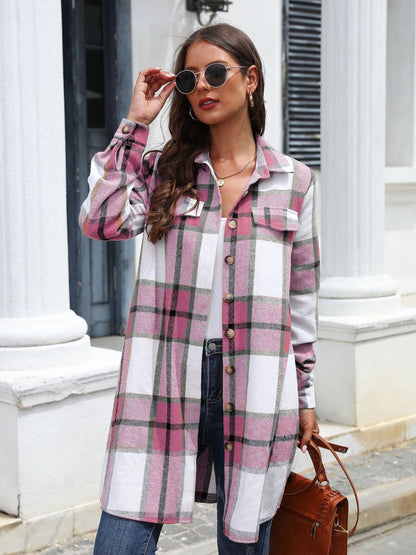 Plaid Belted Collared Neck Button Up Jacket-Angel Casuals