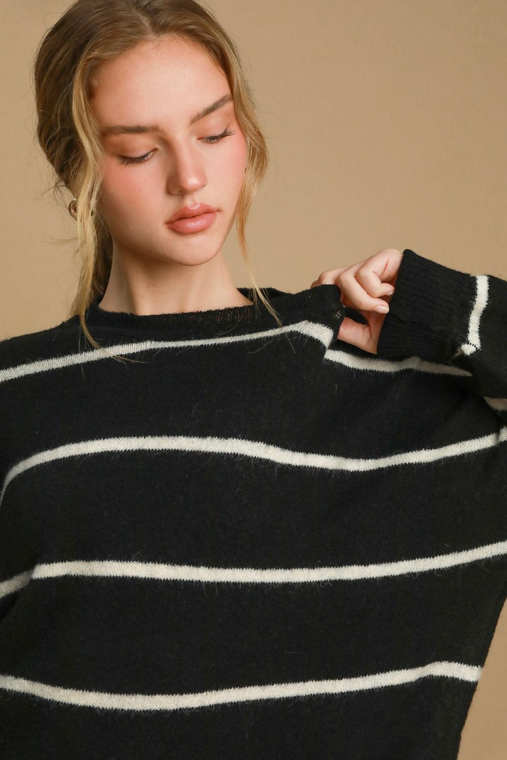 Umgee Wool Blend Striped Round Neck Sweater-Angel Casuals