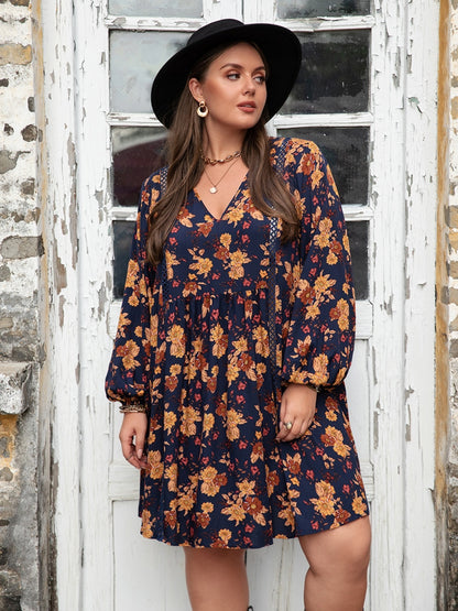 Plus Size Floral V-Neck Balloon Sleeve Dress-Angel Casuals