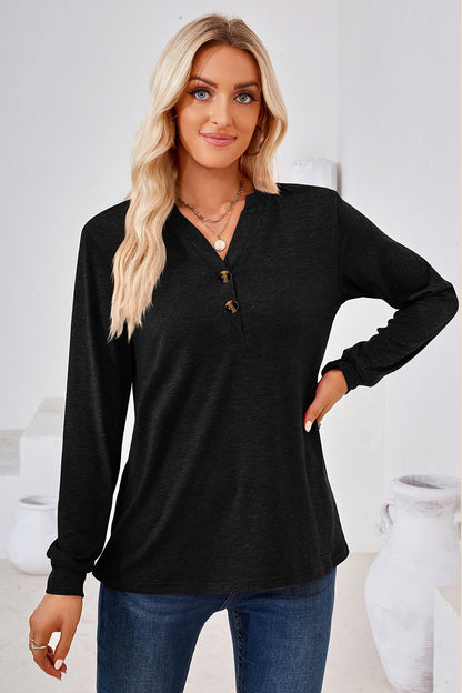 Notched Button Detail Long Sleeve T-Shirt-Angel Casuals