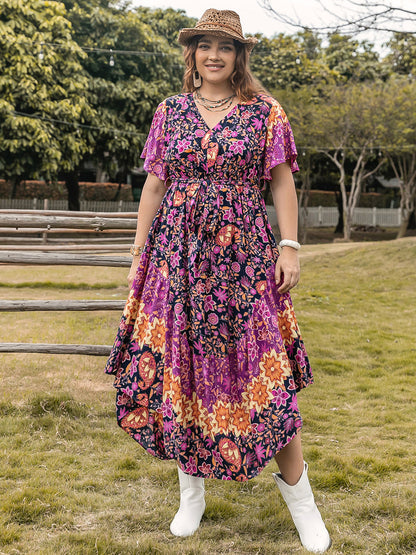 Plus Size Printed V-Neck Flutter Sleeve Midi Dress-Angel Casuals