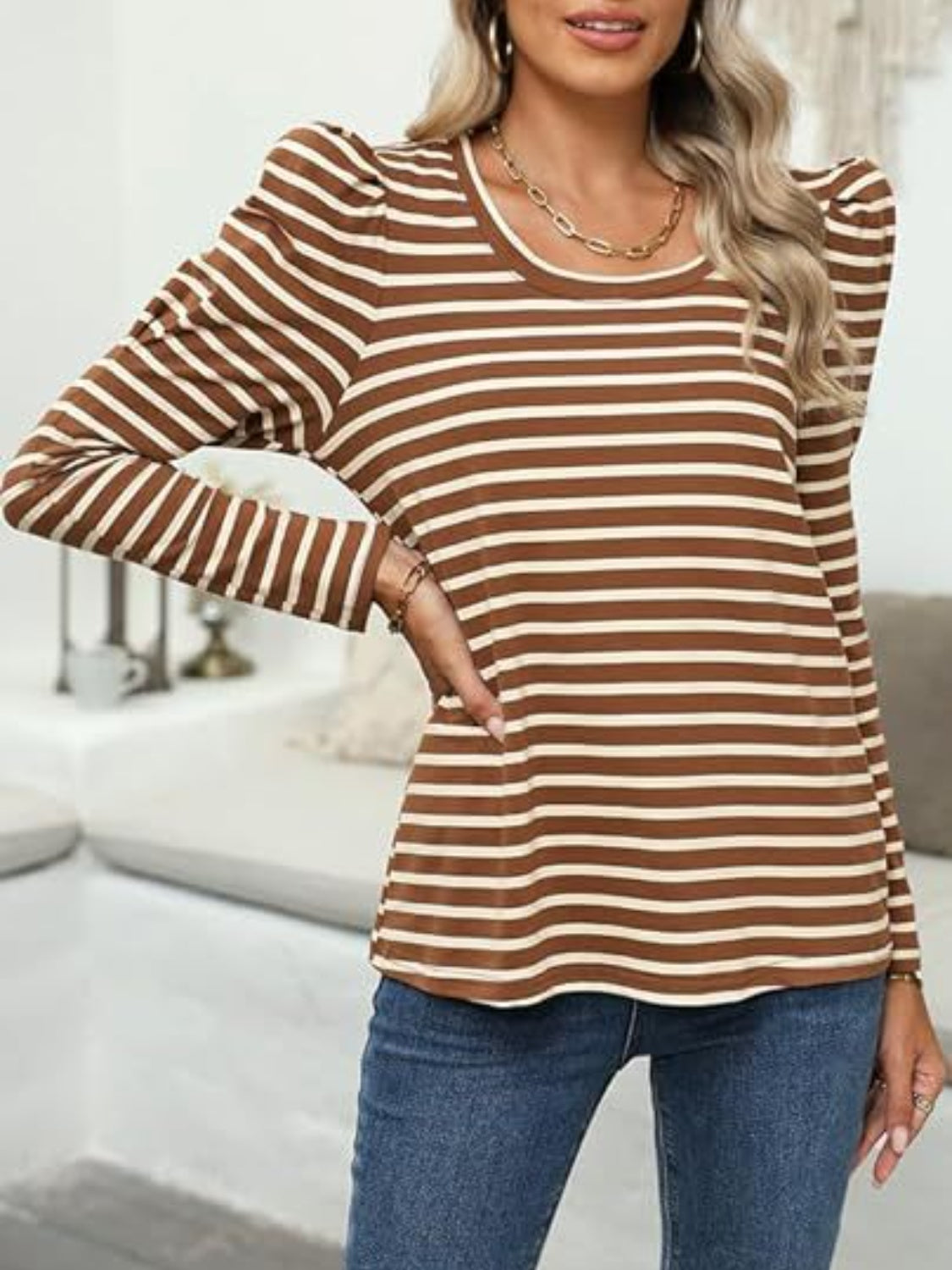 Striped Round Neck Long Sleeve T-Shirt-Angel Casuals