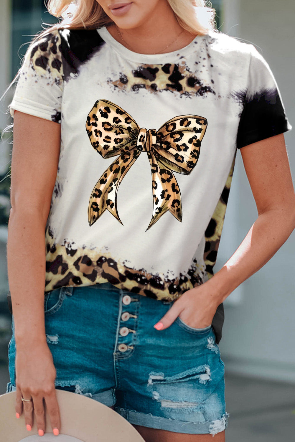 Bow Graphic Leopard Round Neck Short Sleeve T-Shirt-Angel Casuals