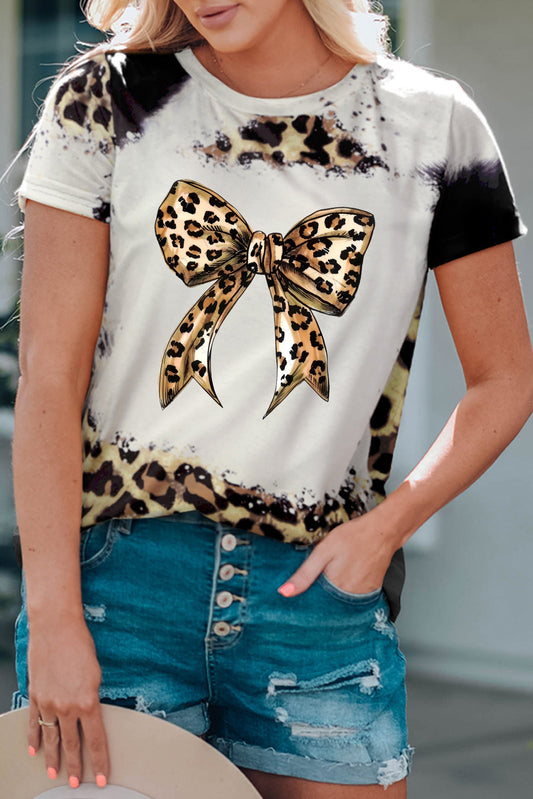 Bow Graphic Leopard Round Neck Short Sleeve T-Shirt-Angel Casuals