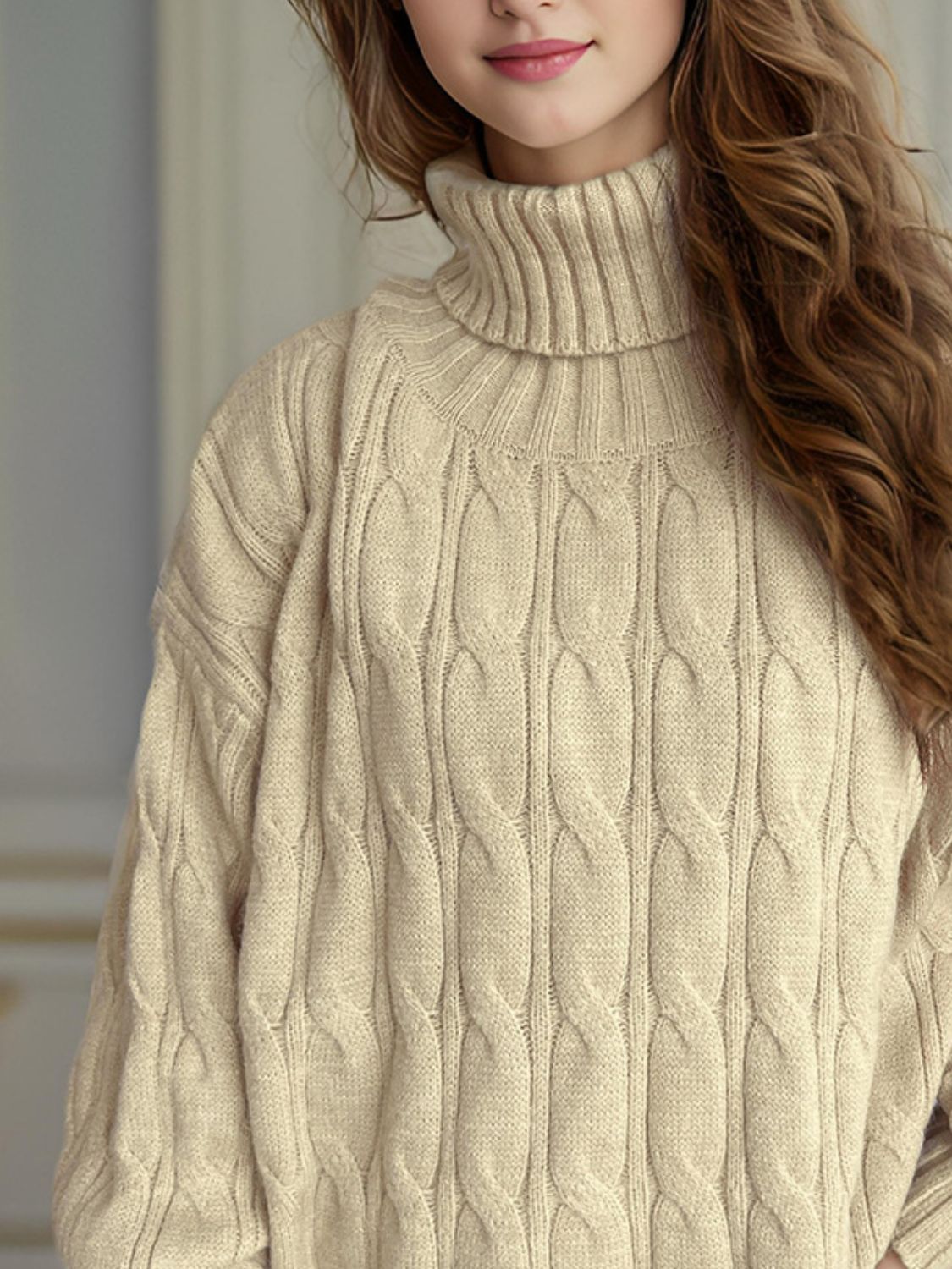 Cable-Knit Turtleneck Long Sleeve Sweater-Angel Casuals