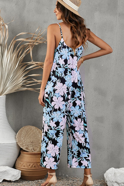 Botanical Print Spaghetti Strap Cropped Jumpsuit-Angel Casuals