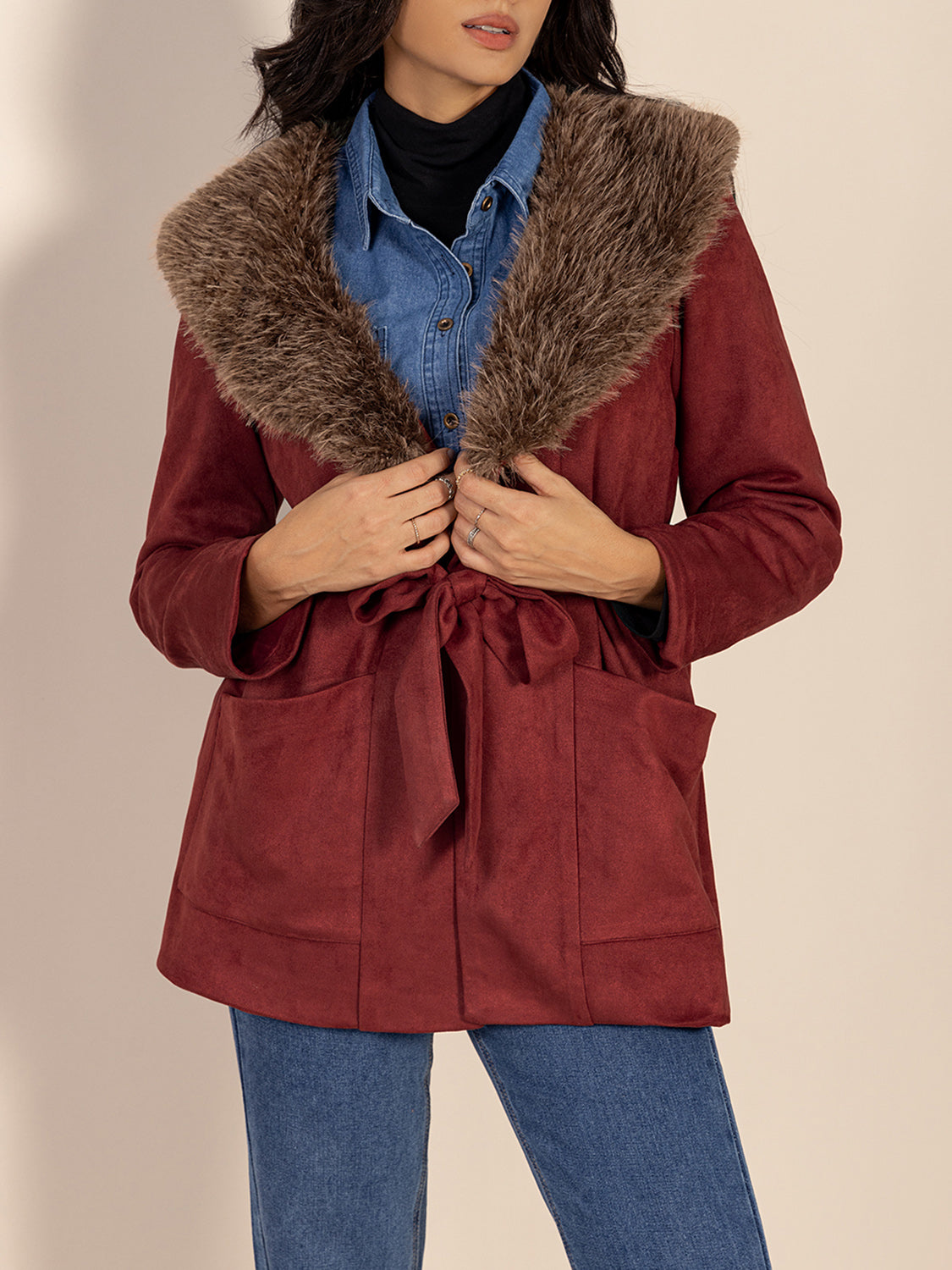 Fuzzy Collared Neck Tie Waist Jacket-Angel Casuals