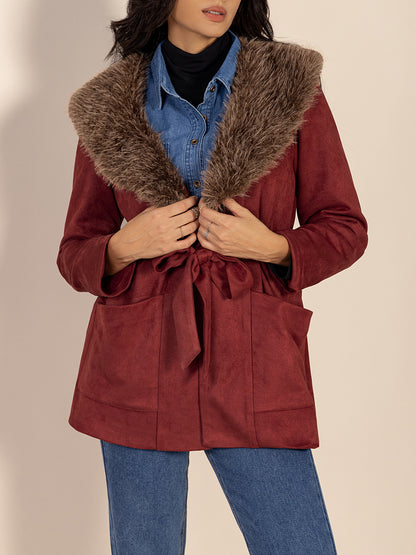 Fuzzy Collared Neck Tie Waist Jacket-Angel Casuals