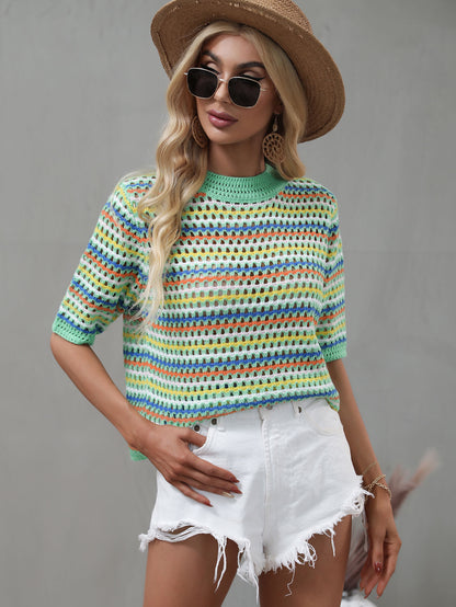 Striped Openwork Half Sleeve Knit Top-Angel Casuals