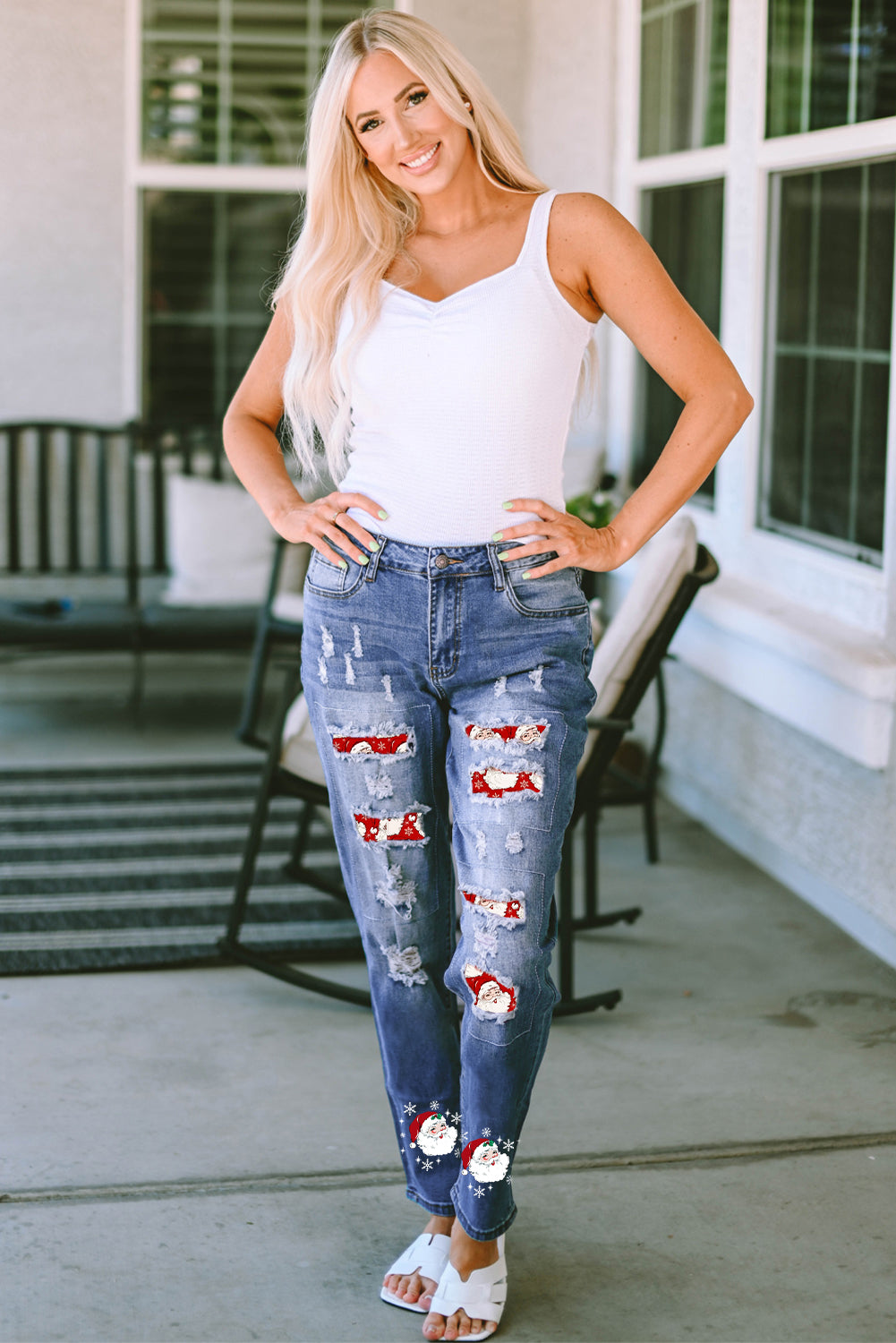 Santa Graphic Distressed Jeans with Pockets-Angel Casuals