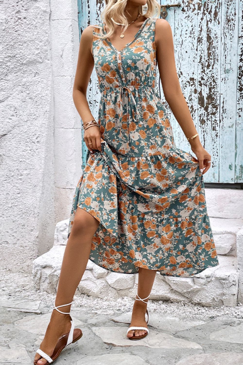 Floral V-Neck Tiered Sleeveless Dress-Angel Casuals