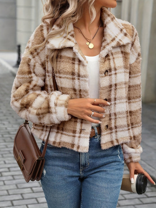 Plaid Button Up Collared Neck Long Sleeve Jacket-Angel Casuals