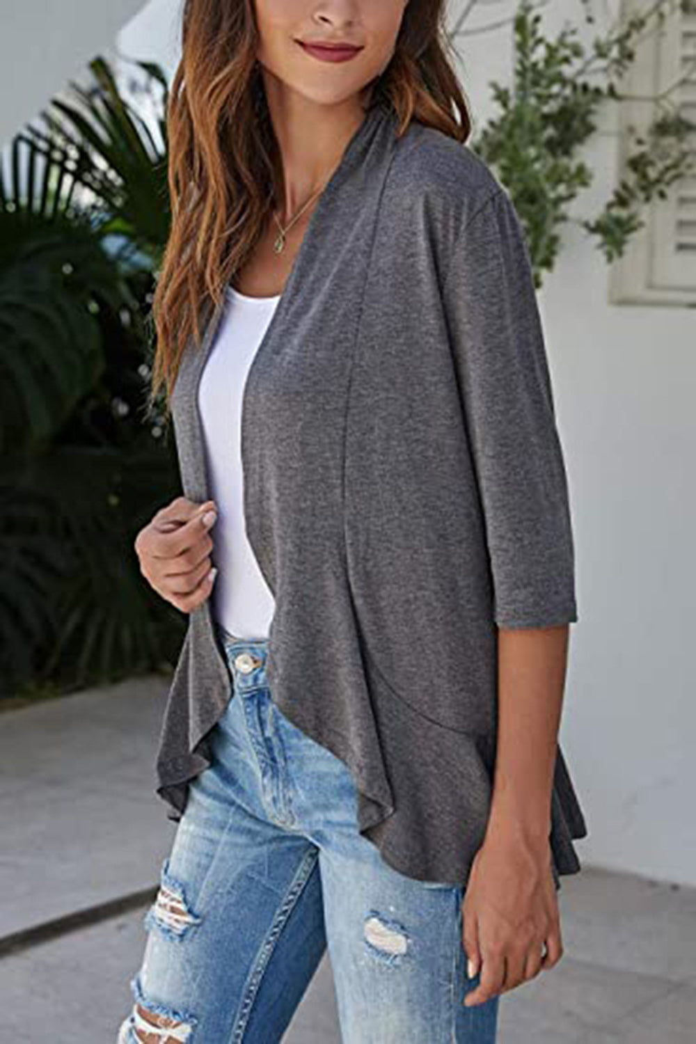 Open Front Three-Quarter Sleeve Cardigan-Angel Casuals