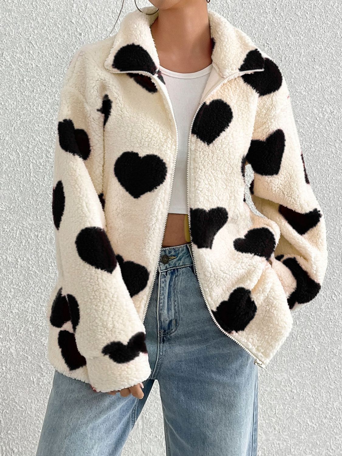Heart Zip Up Drop Shoulder Furry Jacket-Angel Casuals
