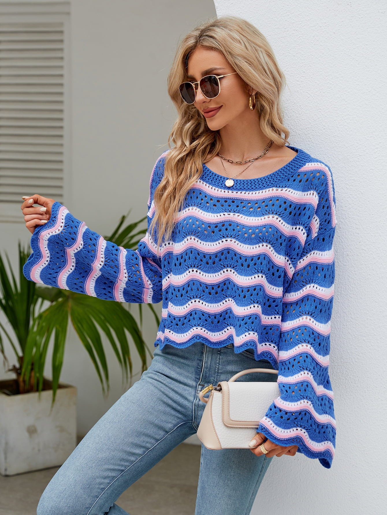 Round Neck Openwork Flare Sleeve Knit Top-Angel Casuals