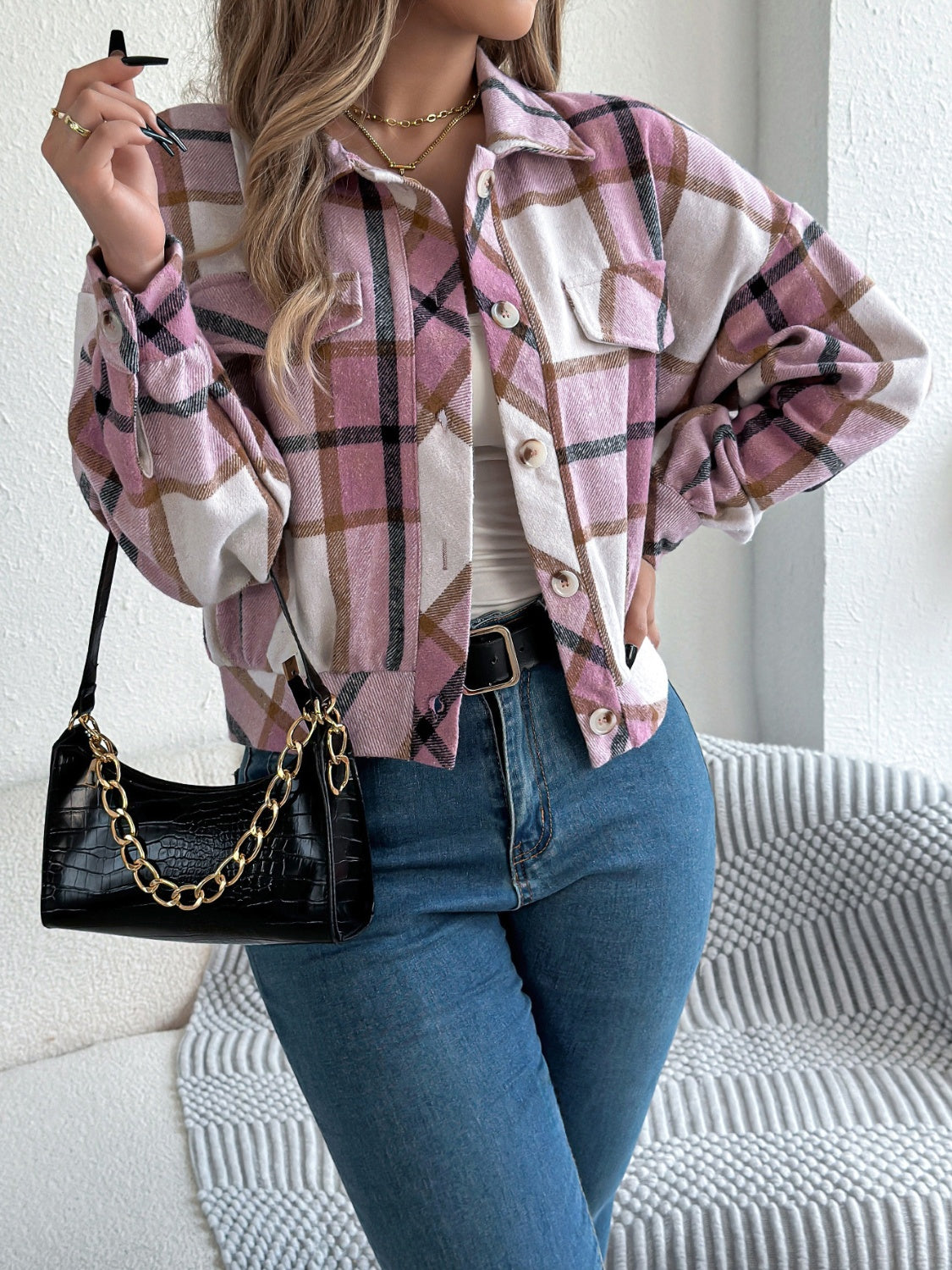 Plaid Button Up Long Sleeve Jacket-Angel Casuals