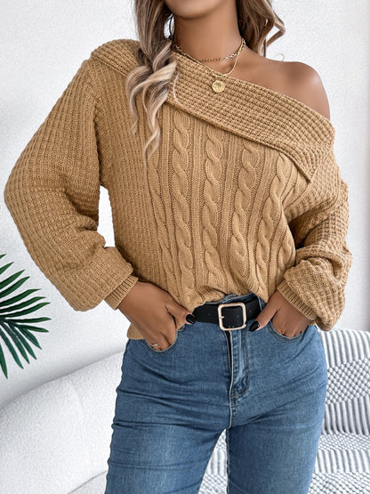 Cable-Knit One Shoulder Long Sleeve Sweater-Angel Casuals