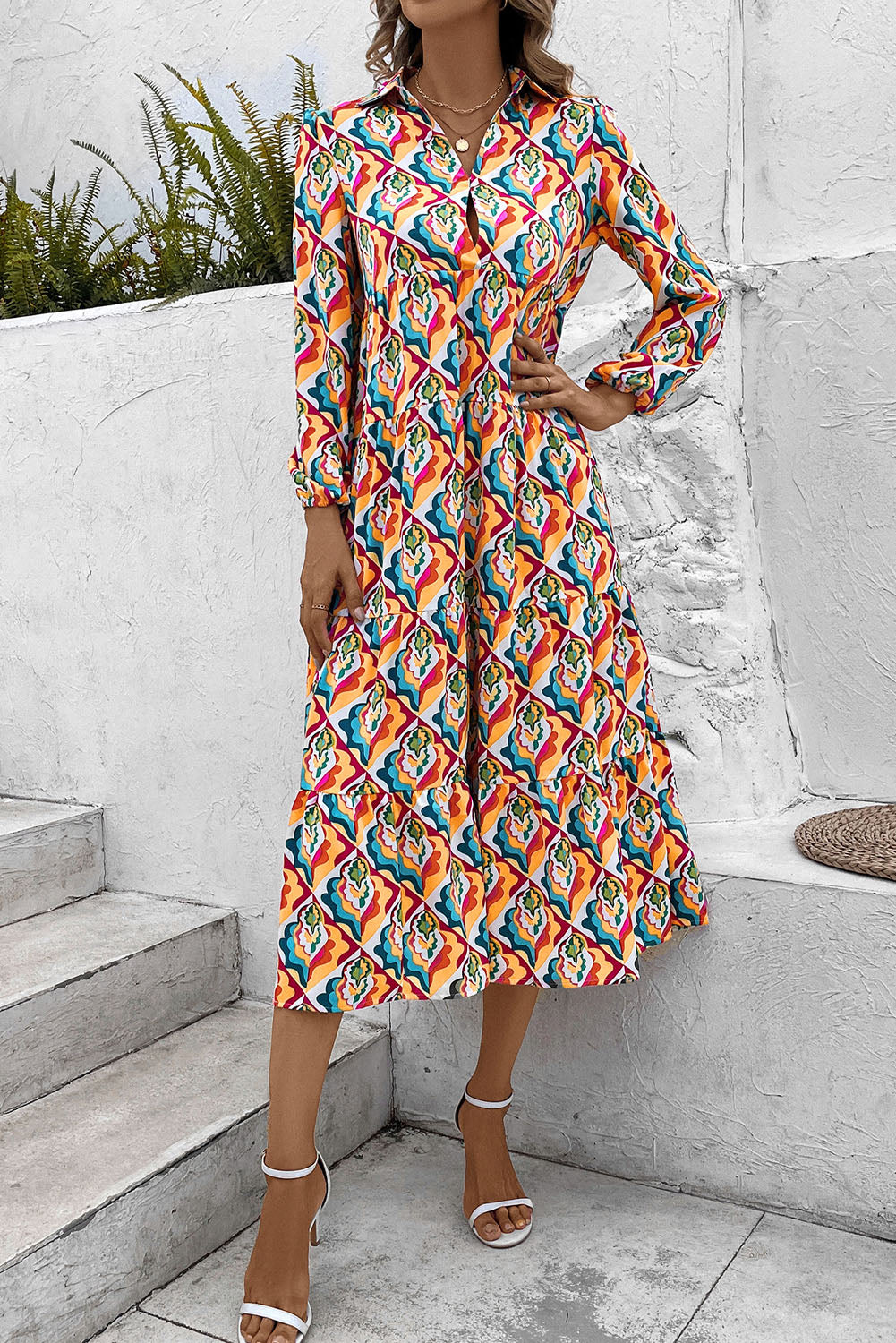 Printed Collared Neck Long Sleeve Dress-Angel Casuals