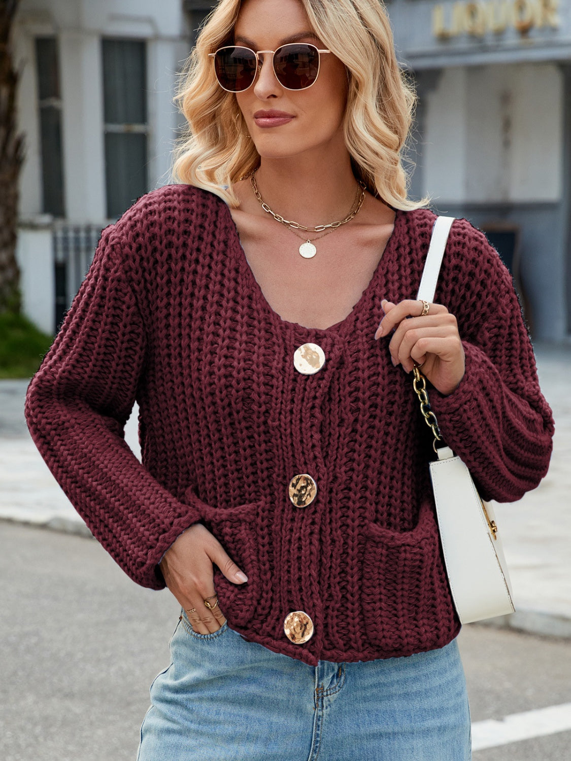 Round Neck Button Up Cardigan with Pockets-Angel Casuals